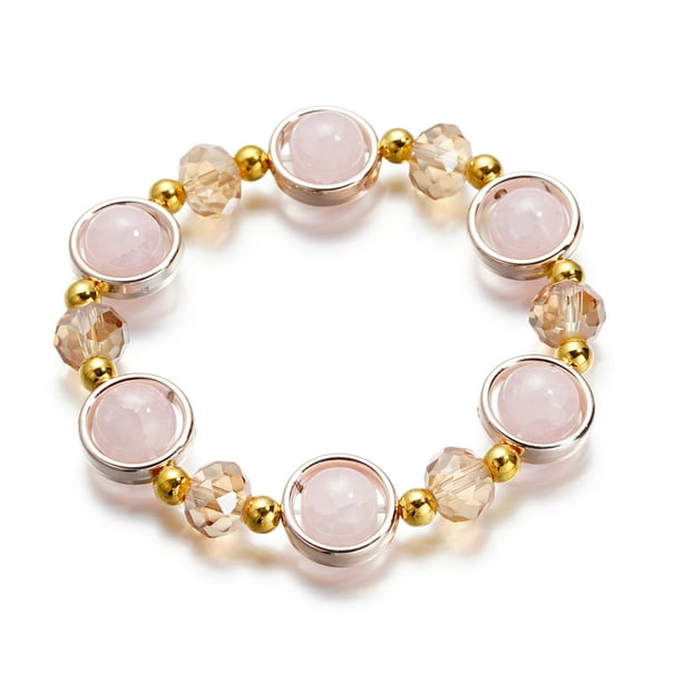 Xiao Hua Pulseras de mujer de acero inoxidable con cristales degradados y cuentas de colores esmaltadas - Rosa