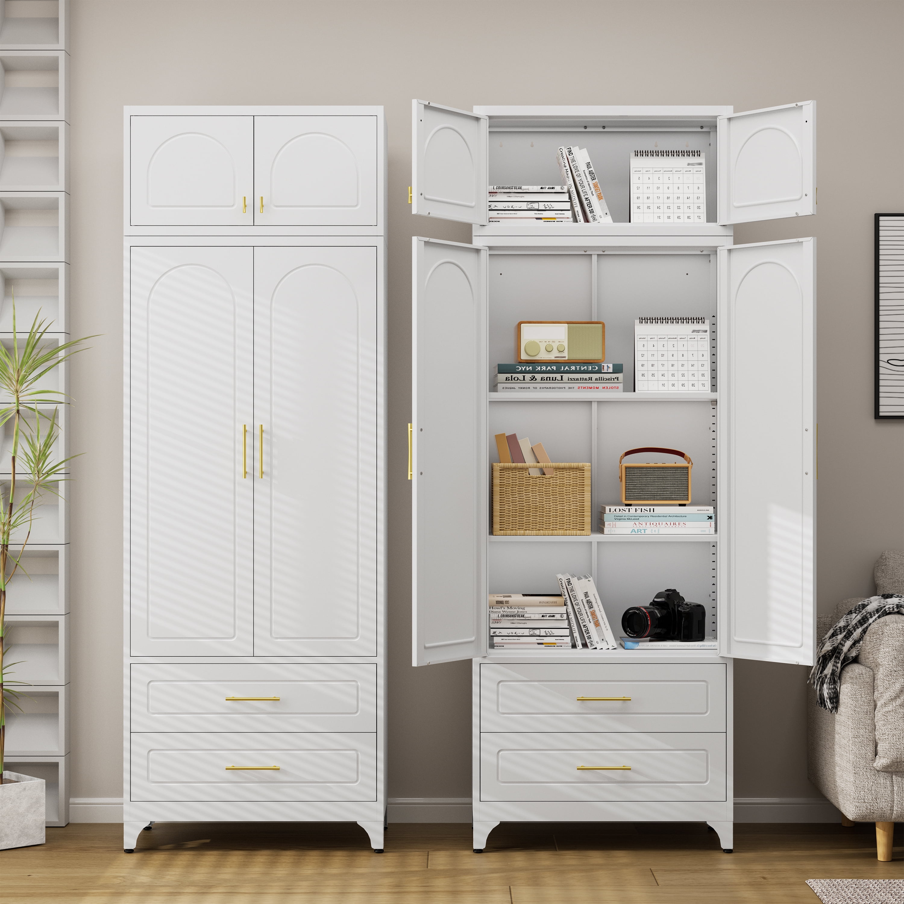Polup 90" Tall Pantry Cabinet with Two Drawers, Kitchen Metal Storage Cabinets with Doors and Shelves,White, Assembly Required