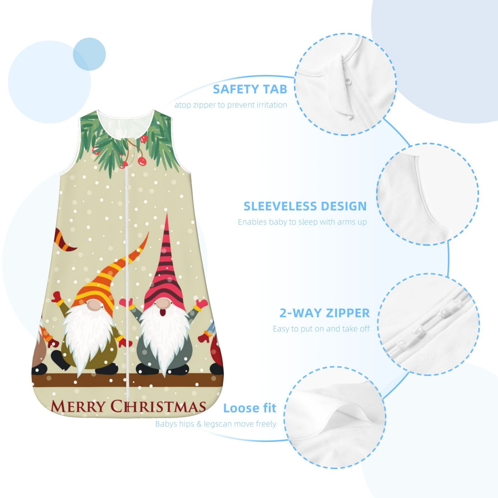 Rateoe Christmas Card With Gnomes Print Cotton Baby Sleep Sack, Baby Sleeping Bag with Two-Way Zipper,Wearable Blanket for Newborn Baby Boys and Girls-Medium