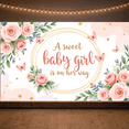 thumbnail image 6 of Floral Design Baby Shower Banner Girl Arrival Pink Flowers Butterfly Decoration for Newborn Celebration Party Event, 6 of 8