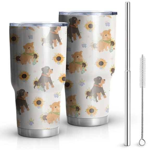 30oz Dogs with Sunflowers Tumblers Stainless Steel Tumbler with Lid and Straw,Vacuum Insulated Double Wall Travel Tumbler Cups Mug with Cleaning Brush for Coffee,Tea