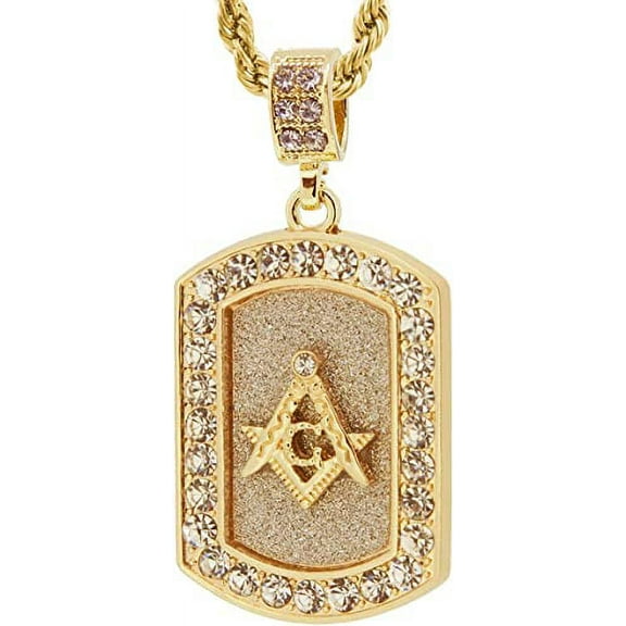 Gold Tone Dog Tag Style Masonic Freemason Pendant with 24" Rope Chain 3160G