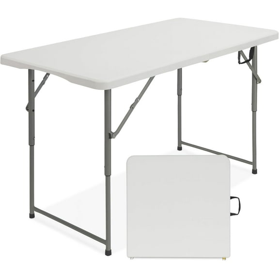 4ft Adjustable Height Folding Table – Portable Foldable Indoor Outdoor Card Table w/Handle & Steel Legs – Lightweight 4 Foot Plastic Camping Table For Picnic, Camp, & Patio - 4' Folding Tables White
