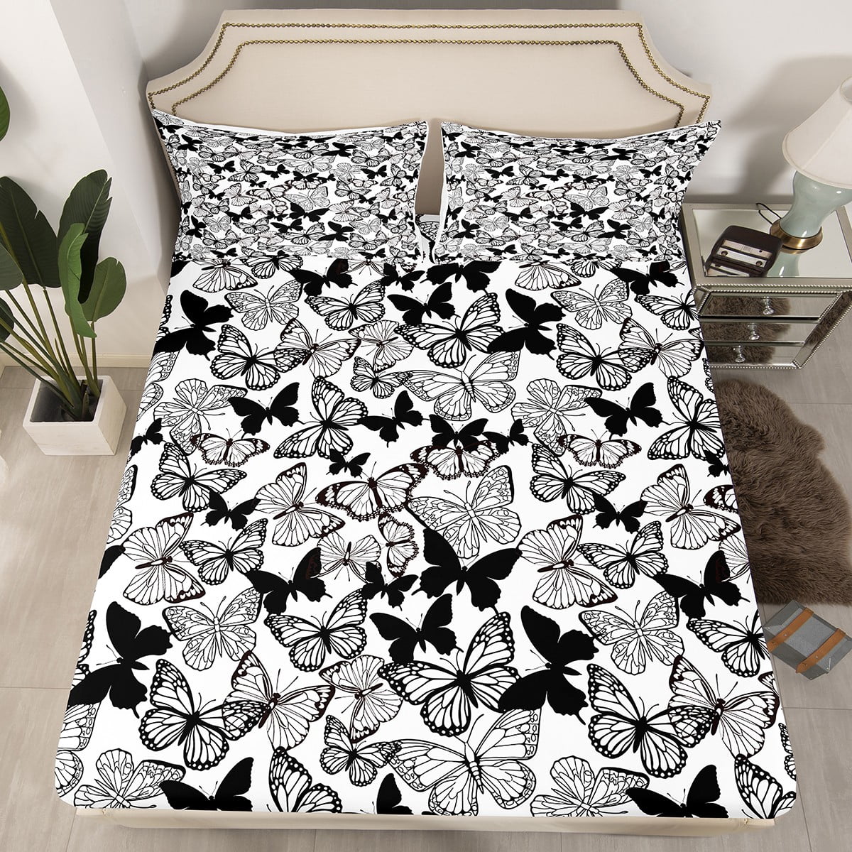 Homewish Flying Butterflies 4pcs Bed Sheets for Boys Girls,Black White King Sheets,Retro Vintage Super Cozy Sheet Set,Breathable Home Decor