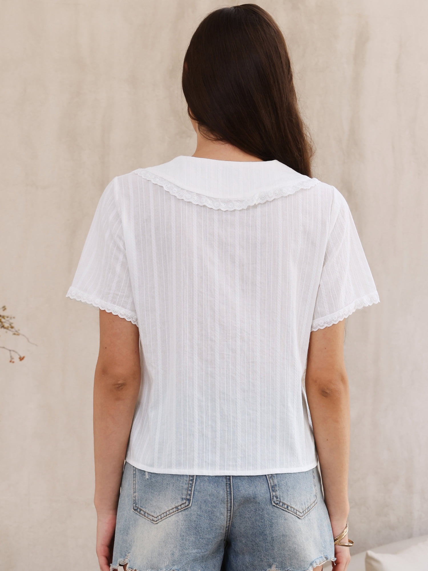 DARING DIVA Women's Short Sleeve Ruffle Pan Collar Button Down Cotton Blouse S White