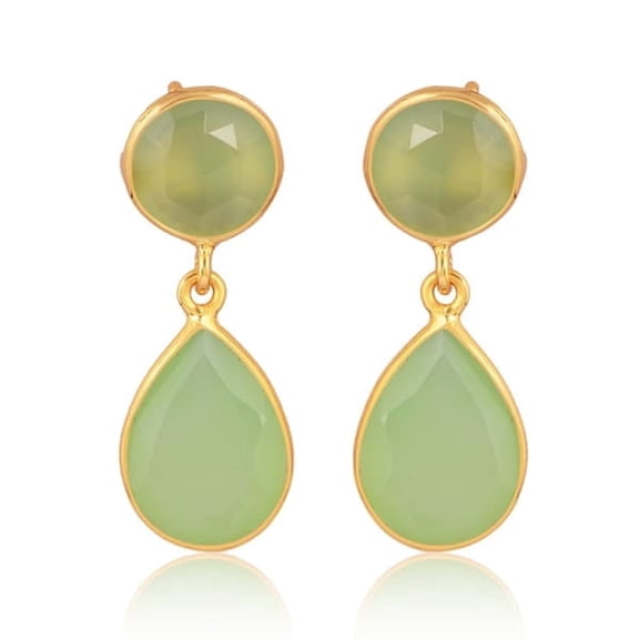925 Sterling Silver Prehnite Chalcedony Pear 12X9mm-Round 8mm Gemstone Dangle Earrings for Women