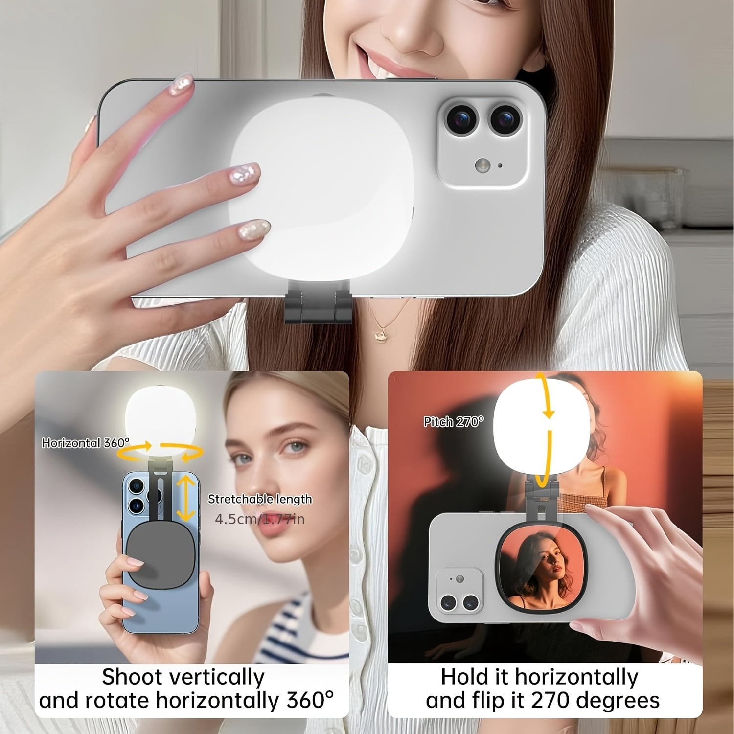 3 in-1 Magnetic Mirror Selfie Light 360° LED Ring Light and Phone Stand, Portable Rechargeable 270° Tilt Fill Light for Selfie, Christmas Makeup, Vlogs, Live Streaming, Video Calls
