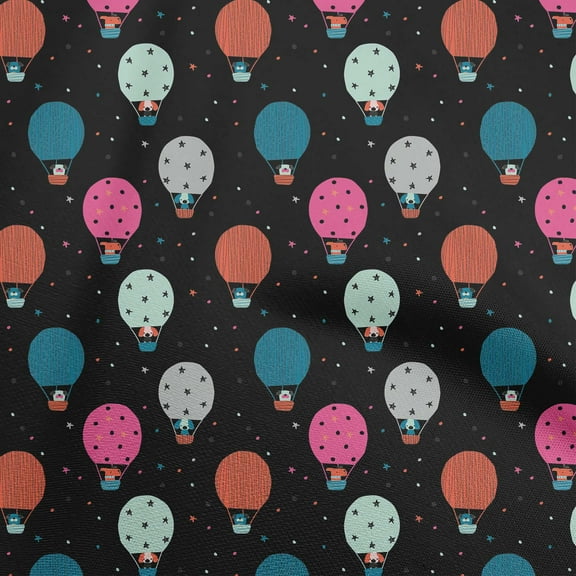 oneOone Polyester Lycra Black Fabric Hot Air Balloon,Clouds & Rocket Transport Fabric For Sewing Printed Craft Fabric By The Yard 56 Inch Wide