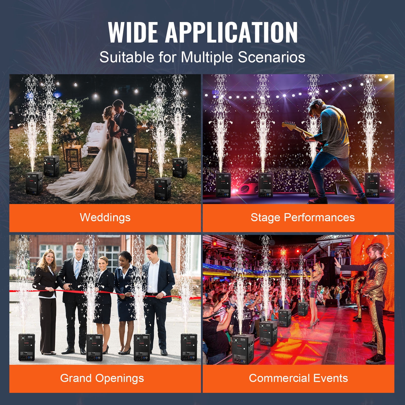 VEVOR Cold Spark Machine, 4 Pack 700W Output Fireworks Controllers, 6.6-16.4ft Adjustable Height, with Advanced DMX System,LED Screen,Portable Handle, Aluminum Alloy for Stage DJ Wedding Event,Party