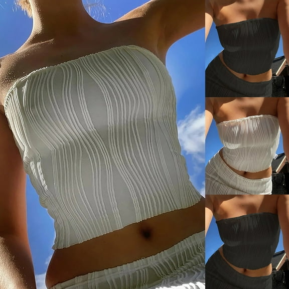 Wiyuqeen Textured Tube Tops for Women Strapless Slim Fit Y2K Crop Tops Solid Summer Going Out Bandeau Shirts Summer Tanks