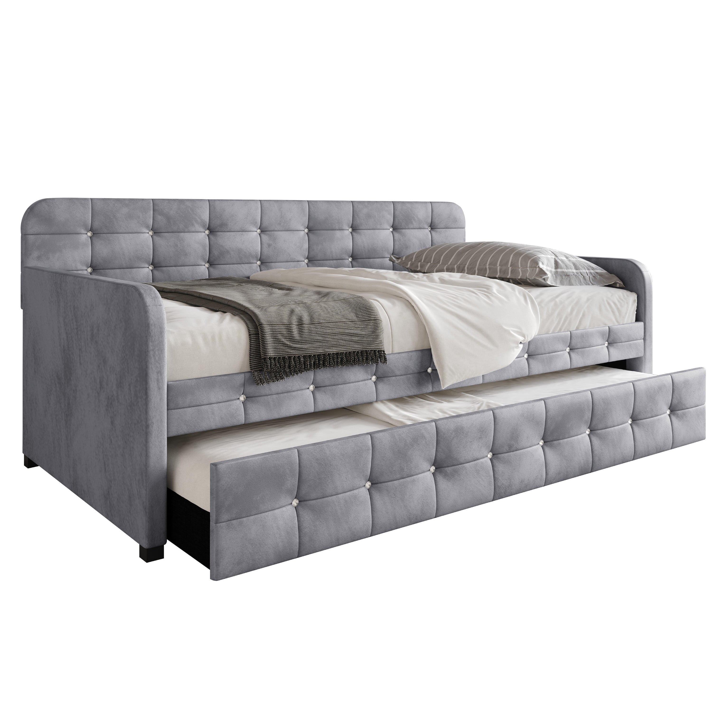 Home Design Elyria Twin Daybed with Velvet Upholstery, Diamond Button Tufting, Rounded Arms, Pull-Out Trundle, Solid Wood Frame, Stylish Seating and Sleeping, Gray