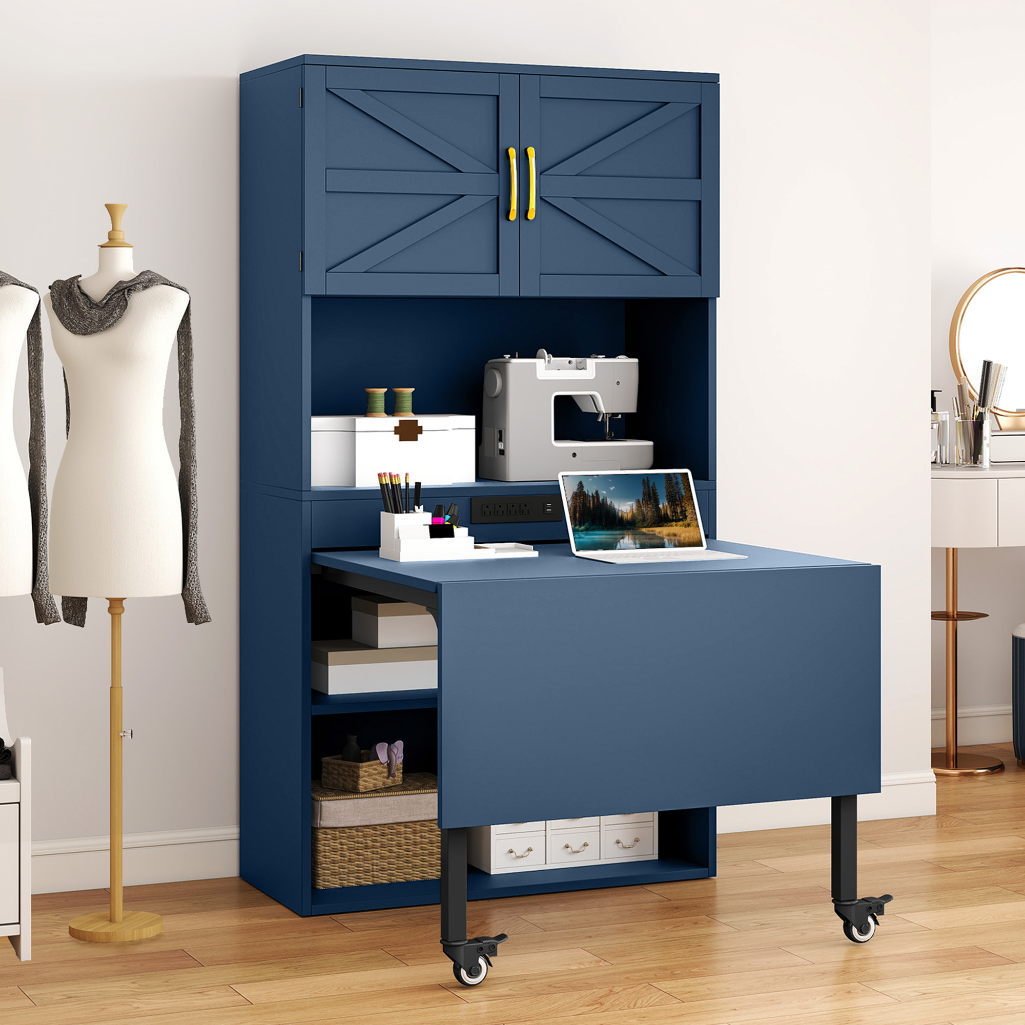 Uforic Foldable Sewing Machine Table & Desk w/ Craft Storage and USB Power Outlets - Blue