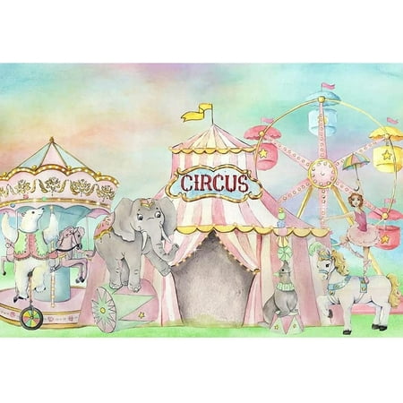 Image of 7x5ft Pink Circus Backdrop Carnival Carousel Ferris Wheel Circus Big Top Tent Background Girls 1st Birthday Party