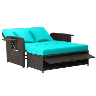 Barara King Patio Sofa Bed,Daybed,Patio Rattan Daybed with 4-Level Adjustable Backrest and Retractable Side Tray-Turquoise