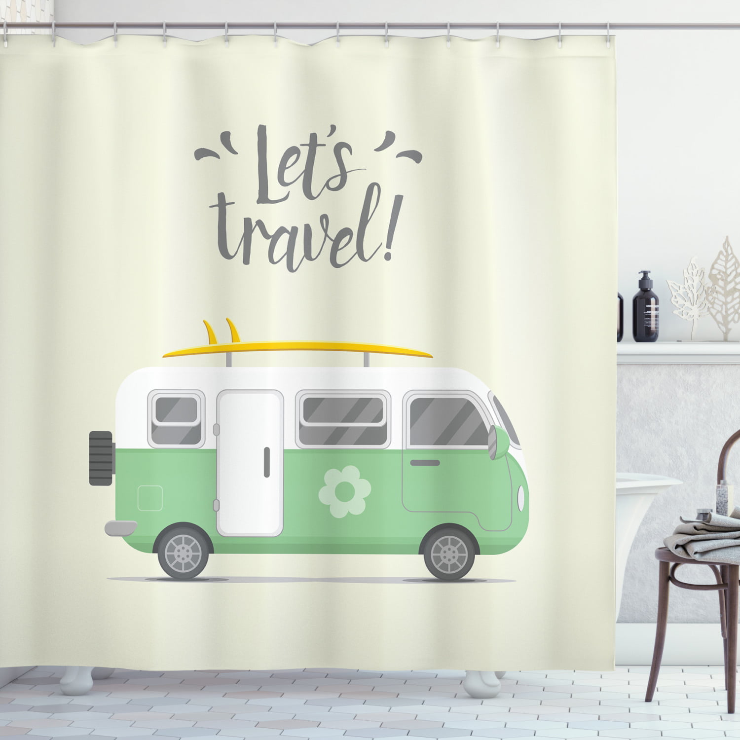 Camper Van in Summer Vacation Curtain Shower Bathroom Fabric 12hooks 71*71inch 