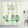 thumbnail image 1 of Camper Shower Curtain, Let's Travel Quote with Vintage Hippie Van Surfboard and Flower Motif, Fabric Bathroom Set with Hooks, 69W X 75L Inches Long, Ivory Pale Green Yellow, by Ambesonne, 1 of 3