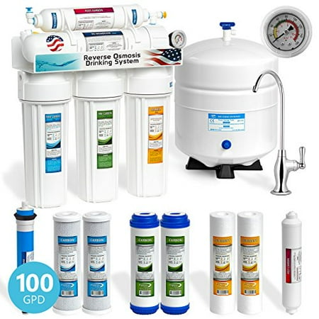 Undersink Reverse Osmosis - Express Water 5 Stage Under Sink Reverse Osmosis Filtration System 100 GPD RO Membrane Deluxe Faucet - Pressure Gauge - Ultra Safe Residential Home Drinking Water Purification - Extra Set of 4 Filters