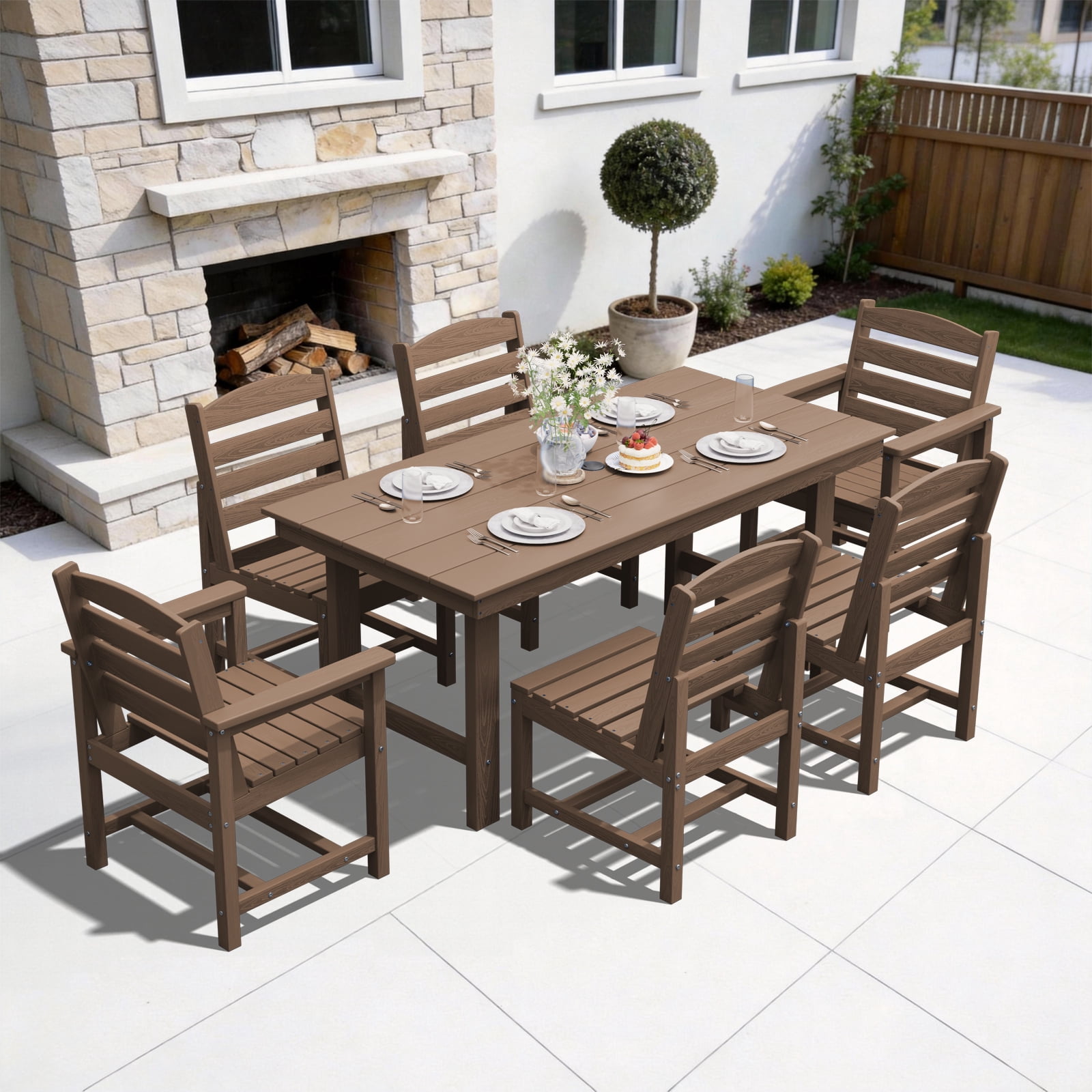 LOYALICE 7 PC Outdoor Patio Furniture Set, Patio Dining Sets, 6 Chairs and 1 Table, Brown
