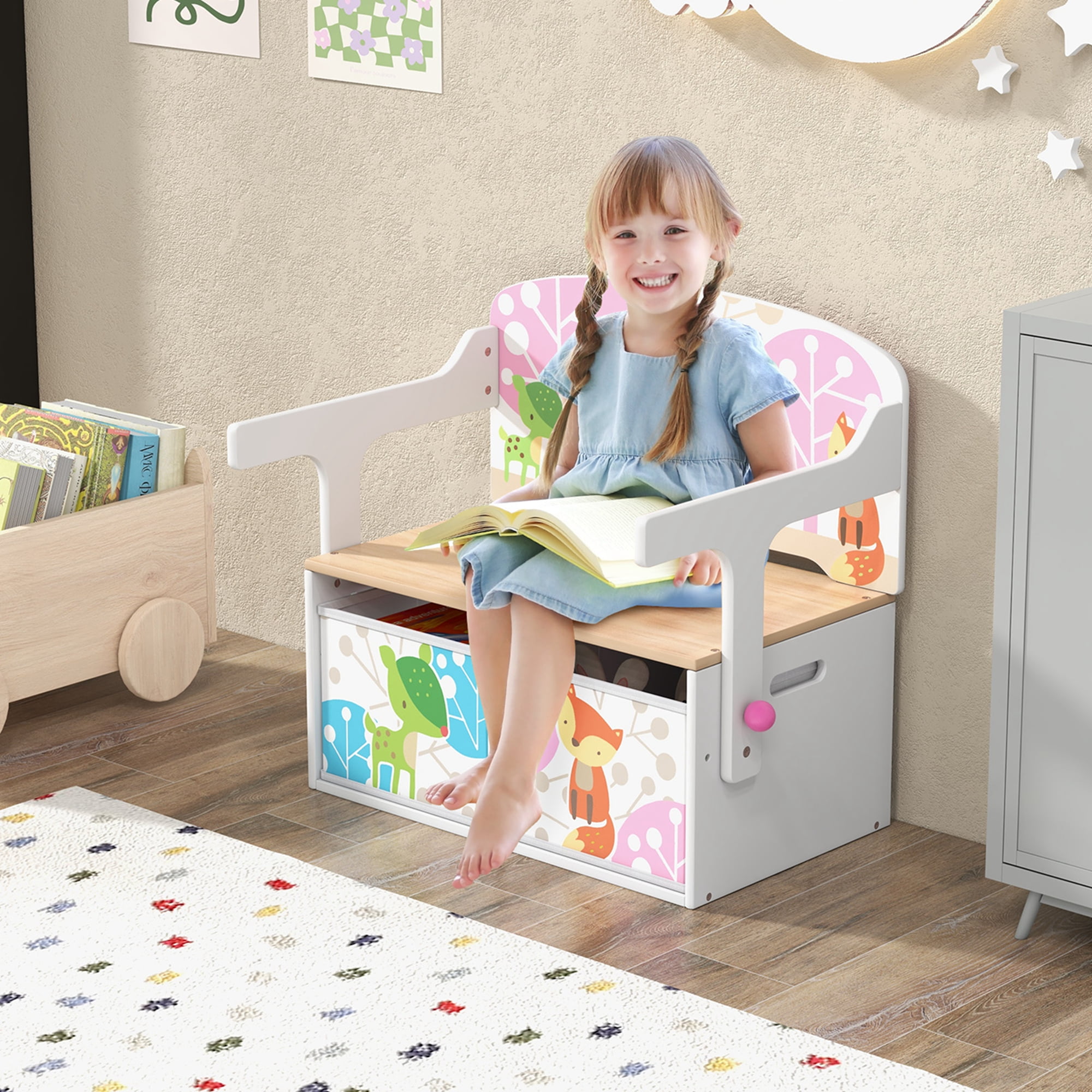 Costway Convertible Activity Bench Children Table & Chair Set, 3 in 1 toddlers storage bench, White