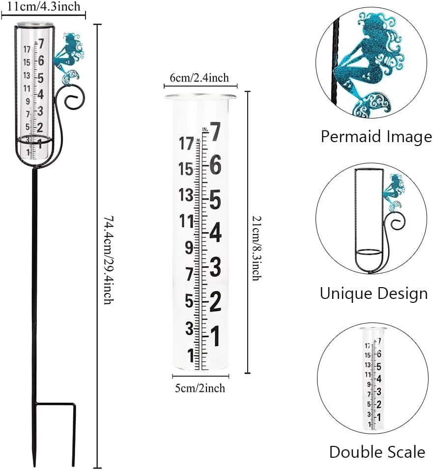 HRTGFD-Rain Gauge Outdoor, Mermaid Rain Gauge with Metal Stake, Decorative Rain Measure Tool for Lawn, Garden, Outdoor