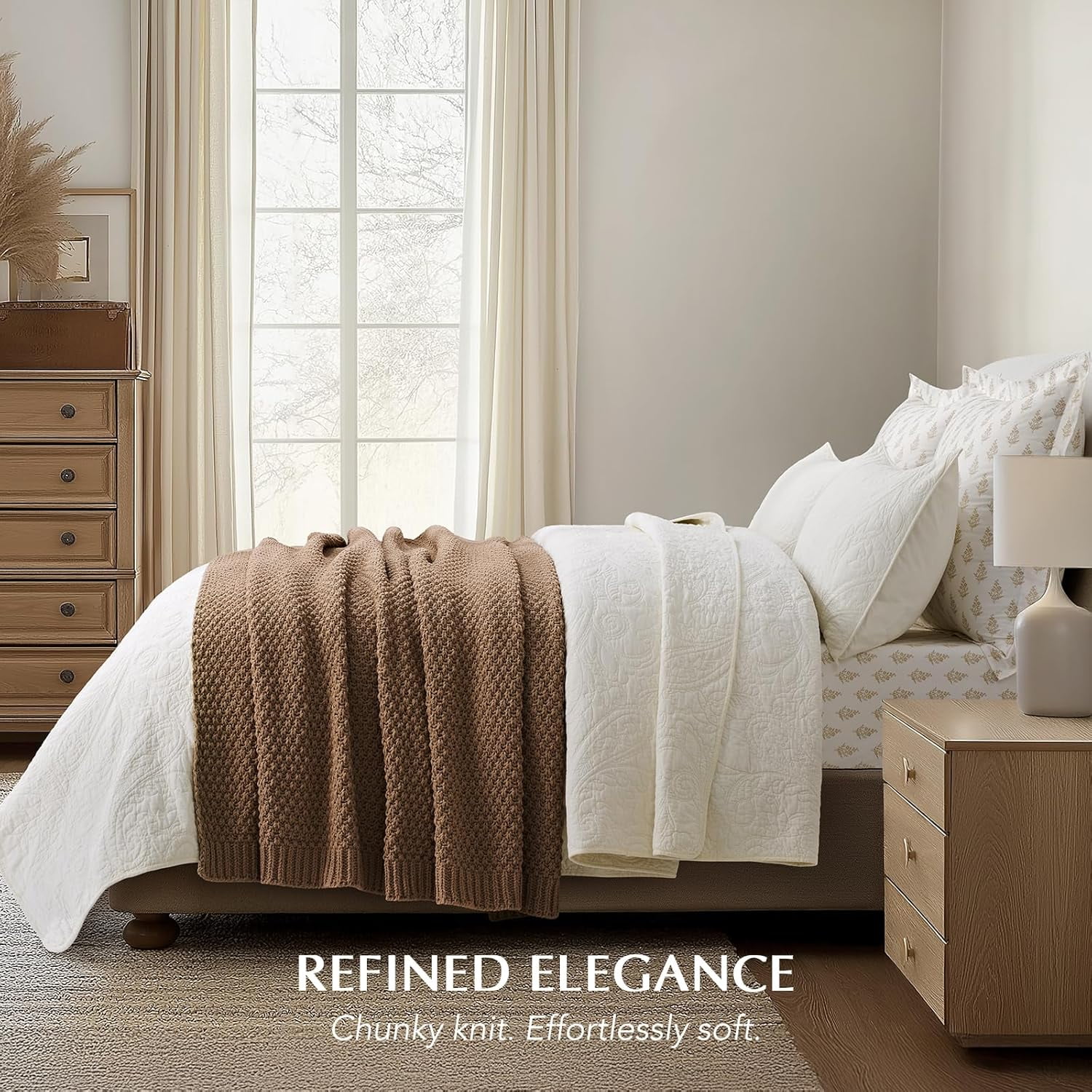 EVERGRACE Chunky Chenille Knit Throw Blanket for Couch, Soft Luxurious Moss Stitch Blankets for Bed, Cozy Decorative Farmhouse Knitted Throws for Sofa, Camel Brown, 60" x 80"