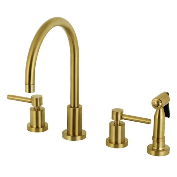 Kingston Brass KS8727DLBS Concord Double-Handle 4-Hole Widespread Kitchen Faucet with Brass Sprayer in Brushed Brass