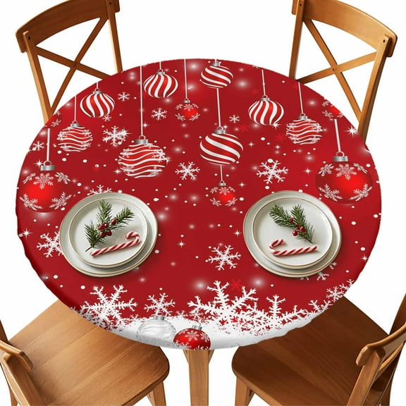Round Tablecloth Red Balls Christmas Elastic Edge Fitted Xmas White Winter Snowflake Plastic Table Cover,Waterproof Oil Proof for Dinner,Outdoor, Picnic, 36" - 44" DIA Tables