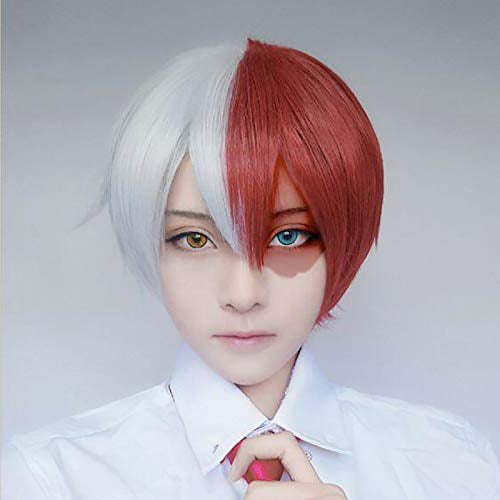 Baruisi Peluca corta blanca y roja para cosplay, peluca de pelo sintético de anime para Halloween con gorro