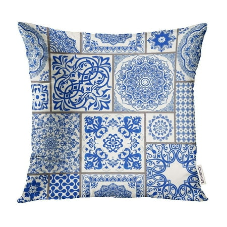 Majolica Pottery - ECCOT Patchwork Victorian Motives Majolica Pottery Blue and White Azulejo Original Traditional Pillow Case Pillow Cover 20x20 inch