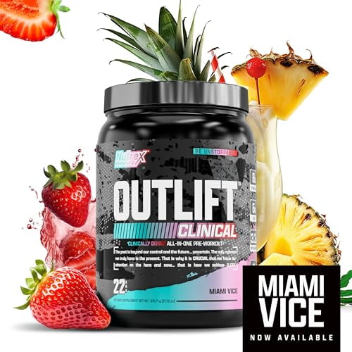Nutrex Research Outlift Clinically Dosed Pre Workout Powder with Creatine, 8G Citrulline, BCAA - Energy, Performance, Pump Preworkout Supplement for Men & Women (22 Servings, Miami Vice)