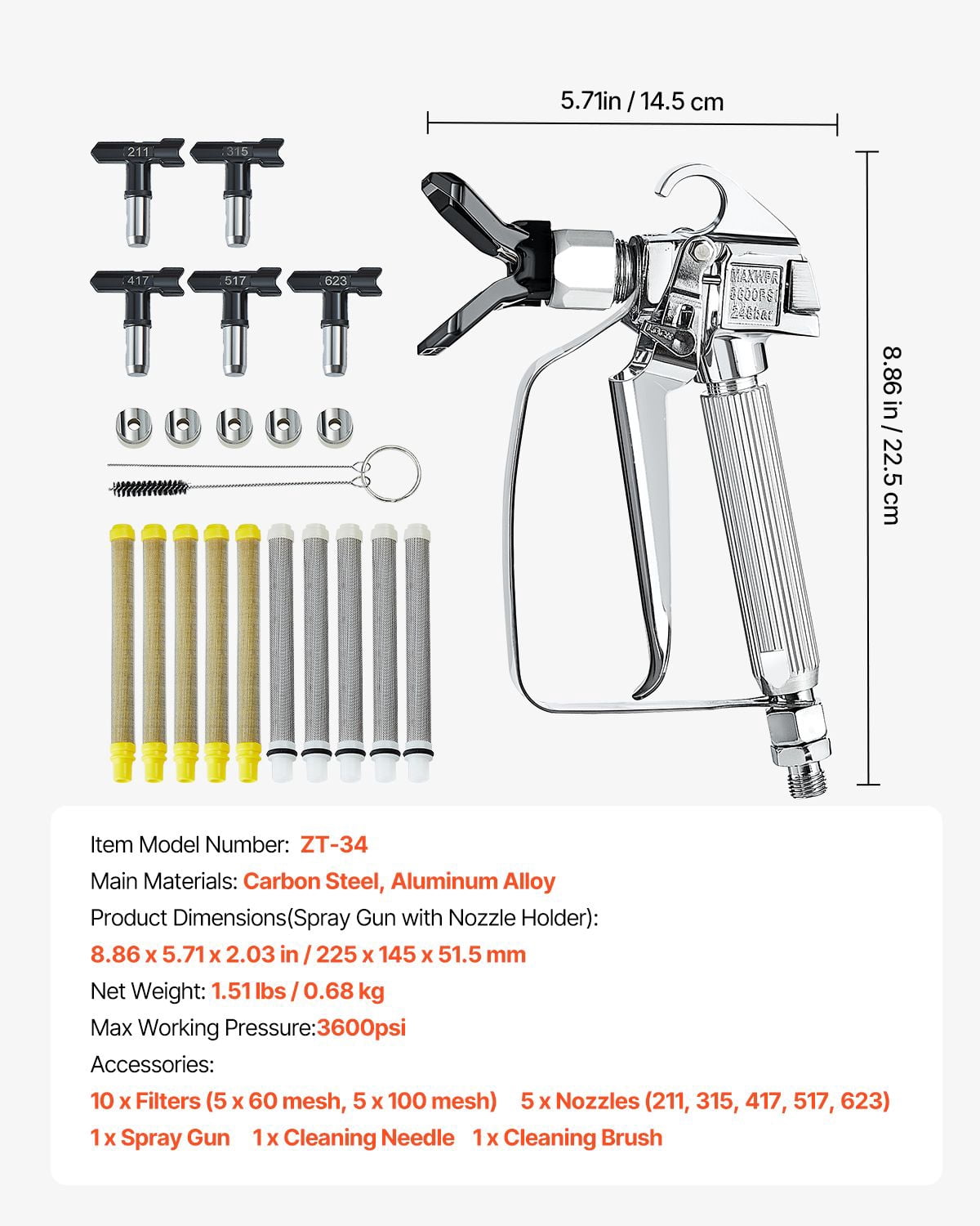 Airless Paint Sprayer Gun, 3600 PSI High-Pressure with Stainless Steel Nozzle, Compatible with 211/315/417/517/623 Nozzles, Professional Paint Gun for Home and Construction