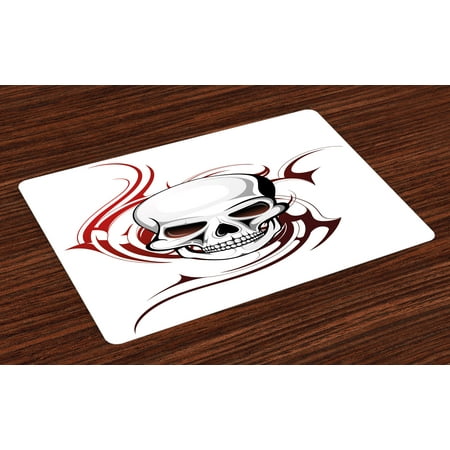 Tattoo Placemats Set of 4 Scary Fierce and Wild Skull with Red Flames Tribal Artistic Tattoo Image Design, Washable Fabric Place Mats for Dining Room Kitchen Table Decor,Red and White, by Ambesonne