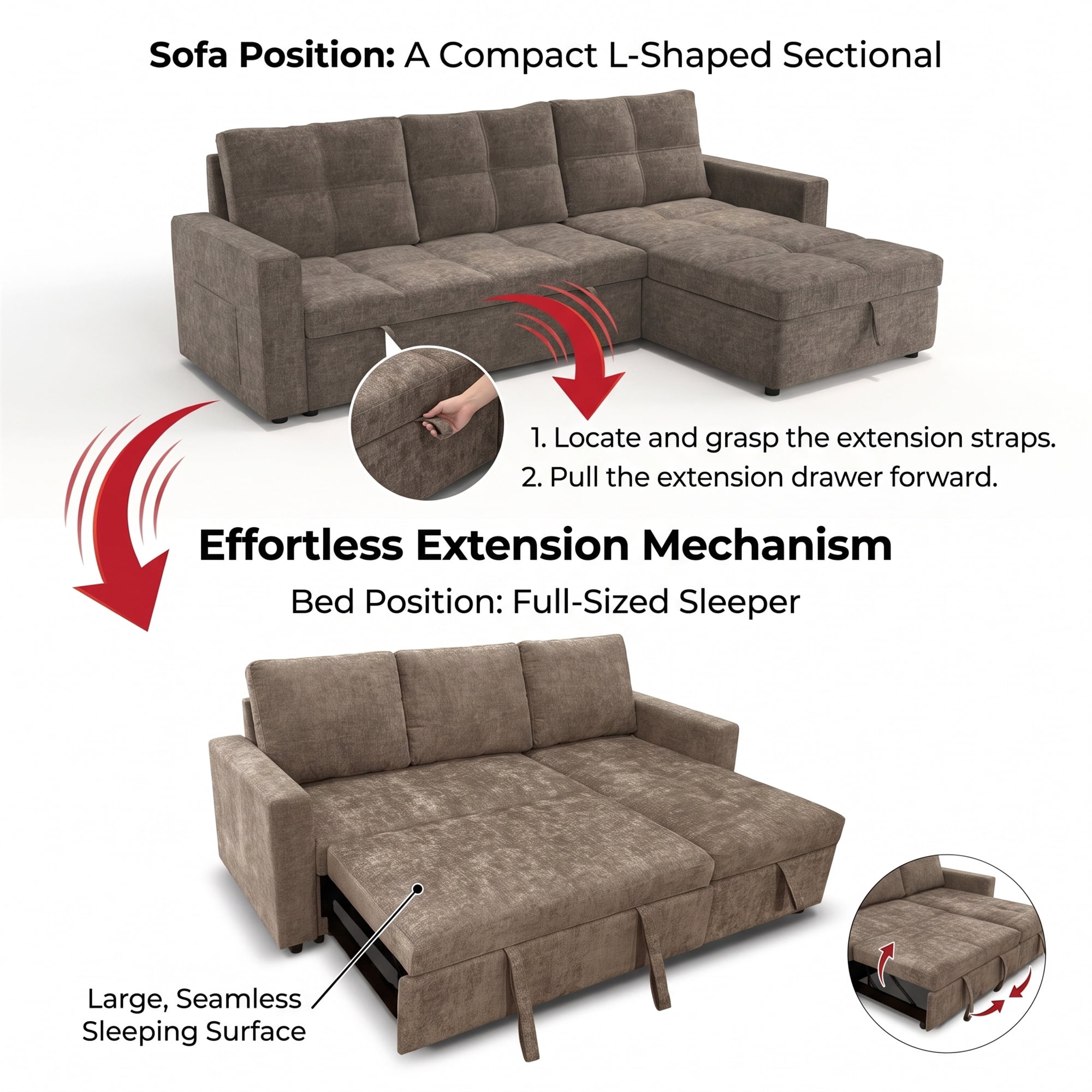 Modern Contemporary Convertible Chaise Sectional with Hidden Storage & Sleeper, Dark Grey