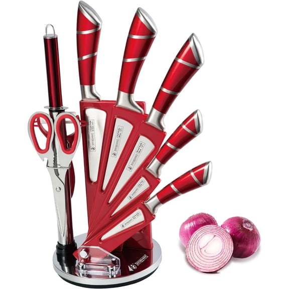 DFS 9-Piece Black Kitchen Knife Set with Block & Sharpener – High-Carbon Stainless Steel Non-Stick Coated Chef Knives for Precision Cutting, Slicing, Dicing - Red