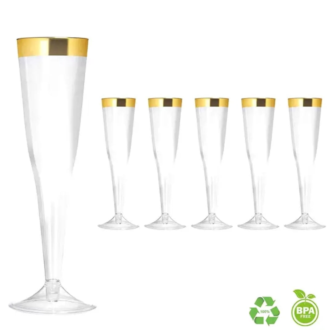 50 Pack Disposable Plastic Champagne Flutes, 6.5Oz Toasting glasses for decoration, Wedding, Parties, and Reusable(Gold Rim)