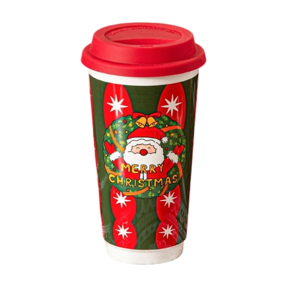 Grbtsrd Ceramic Mugs, Christmas Travel Coffee Mug with Silicone Lid,Double Wall Ceramic Tumbler,Xmas Santa Snowman Pattern Water Cup,Holiday Gift for Home Office Daily Use(Red) 7.09*3.74in