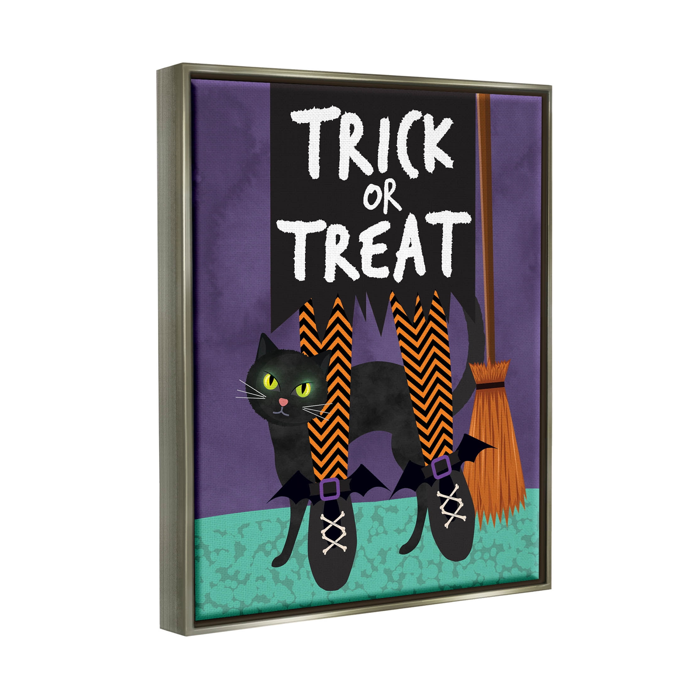 Stupell Industries Trick or Treat Cat & Witch Graphic Art Luster Gray Floating Framed Canvas Print Wall Art, Design by Linda Birtel