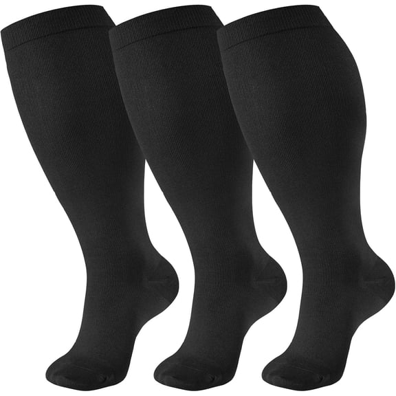 3 Pairs Plus Size Compression Socks for Women & Men Circulation 20-30mmHg Plus Size Knee High Support Stockings for Medical | Circulation | Nurses | Running | Travel, Black 2XL