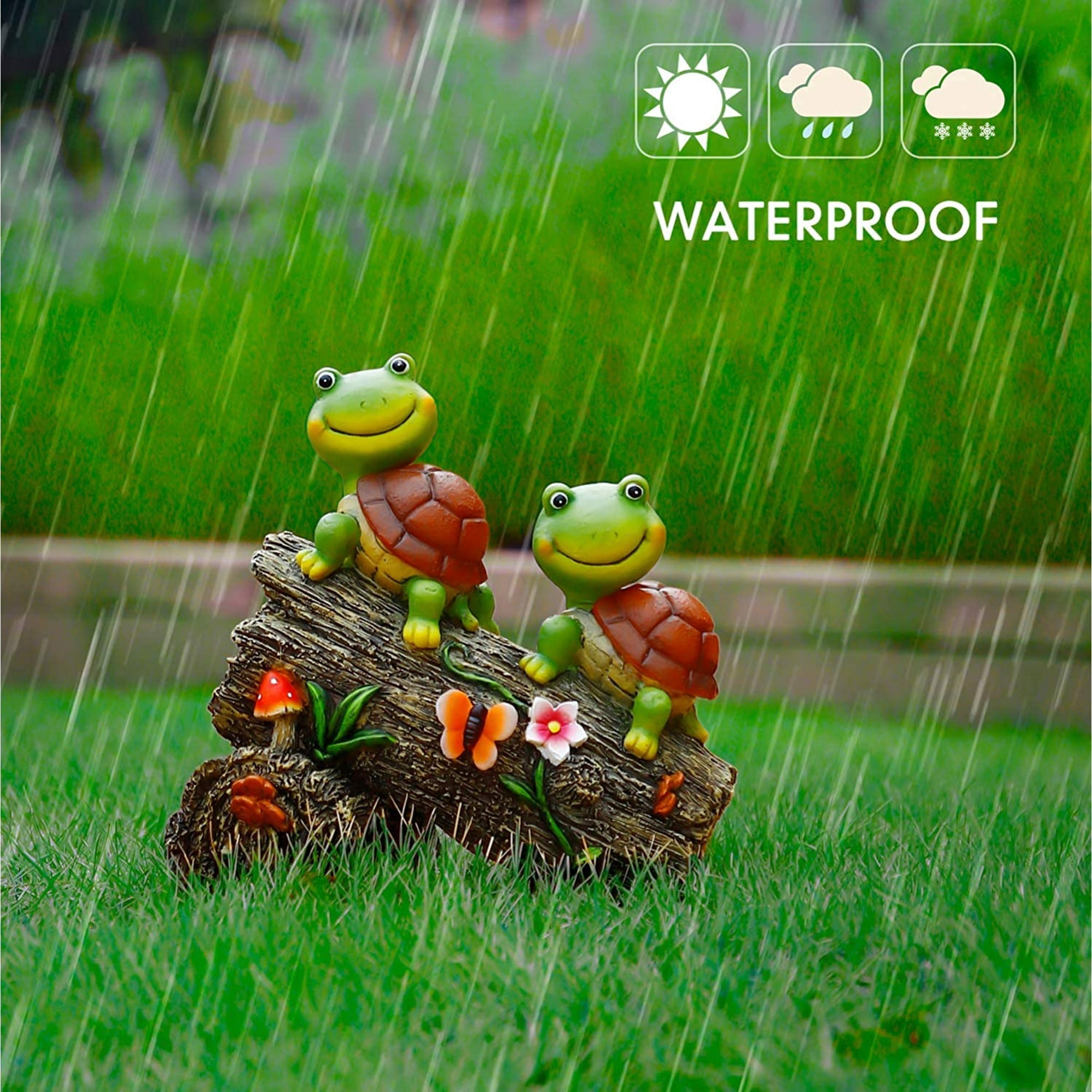 Garden Turtle Figurines Outdoor Decorations, Solar Powered Sweet Frog Face Turtles Resin Statue with 4 LED Lights, Garden Art Spring Fall Winter Christmas Decor for Patio Lawn Yard