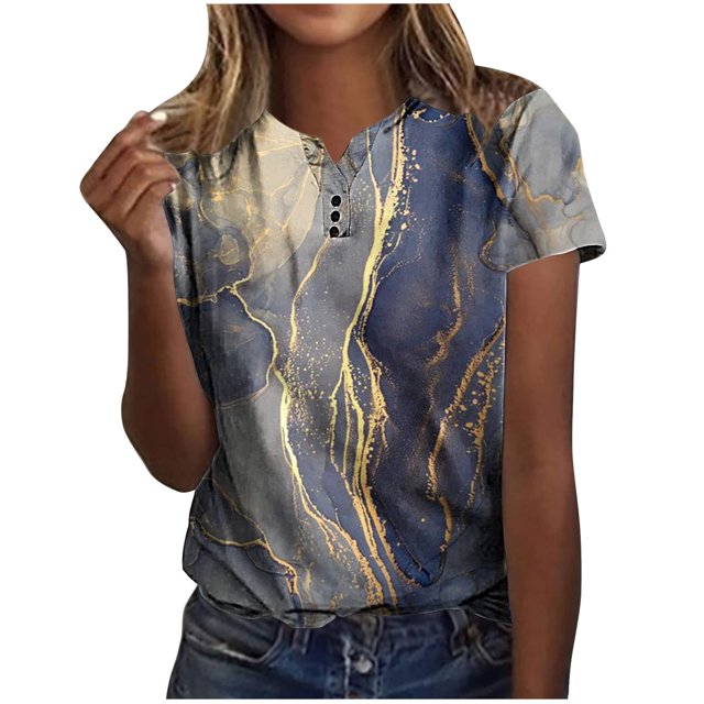 CEHVOM Femmes Mode Décontractée Chemises Imprimées Manches Courtes T-Shirt Ample Hauts Blouse à Col en V Liquidation