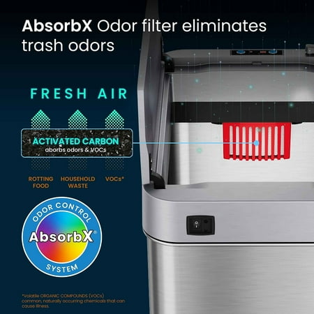 iTouchless - 13 Gallon Touchless Sensor Wings Lid Trash Can with Pet-Proof Lid and AbsorbX Odor Control, Stainless Steel Kitchen Bin - Silver