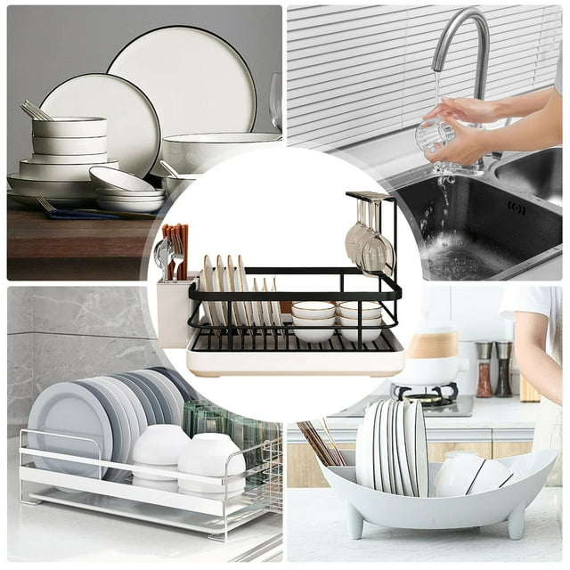 Two-Tier Kitchen Dish Drying Rack with Removable Utensil Holder and Efficient Drain Tray