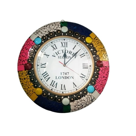 Wooden Vintage Roman Decorative Round 14 inch Wall Clock with Stone Work I Home & Office Decor I By Hind Handicrafts (Pink-Yellow)