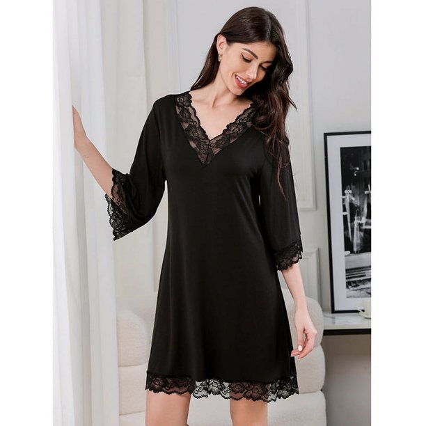 Pijama de encaje sexy con escote en V de algodón puro para el hogar, camisón holgado de manga tres cuartos para mujer de talla grande