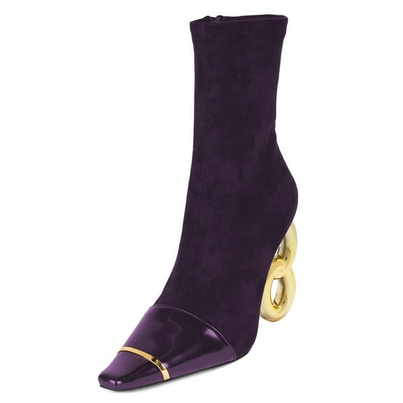 FSJ Women Classic Square Closed Toe Ankle Boots Gold Metal Chain High Heel Cap Toe Side Zipper Mid Calf Short Booties Sexy Dress Shoes Size 8 Purple