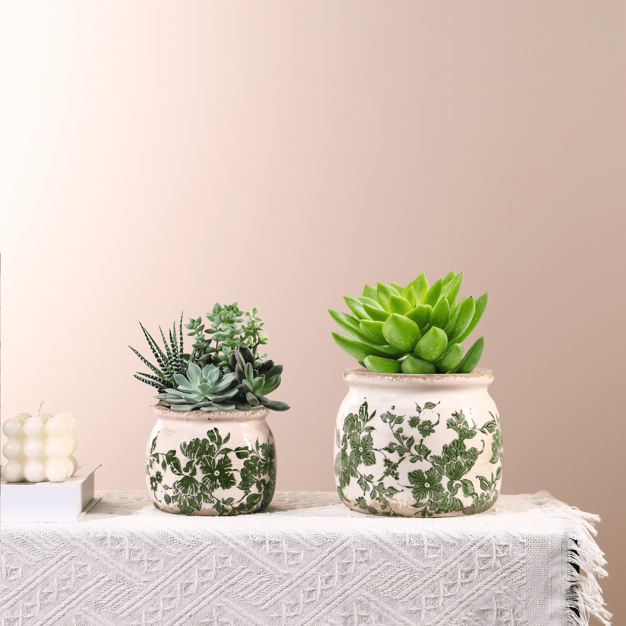 Set of 2 Vintage Ceramic Planters with Drainage Hole – Indoor Flower Pots & Plant Vases, Green Tuscan Planter Set for Home, Gardening, Christmas Decor