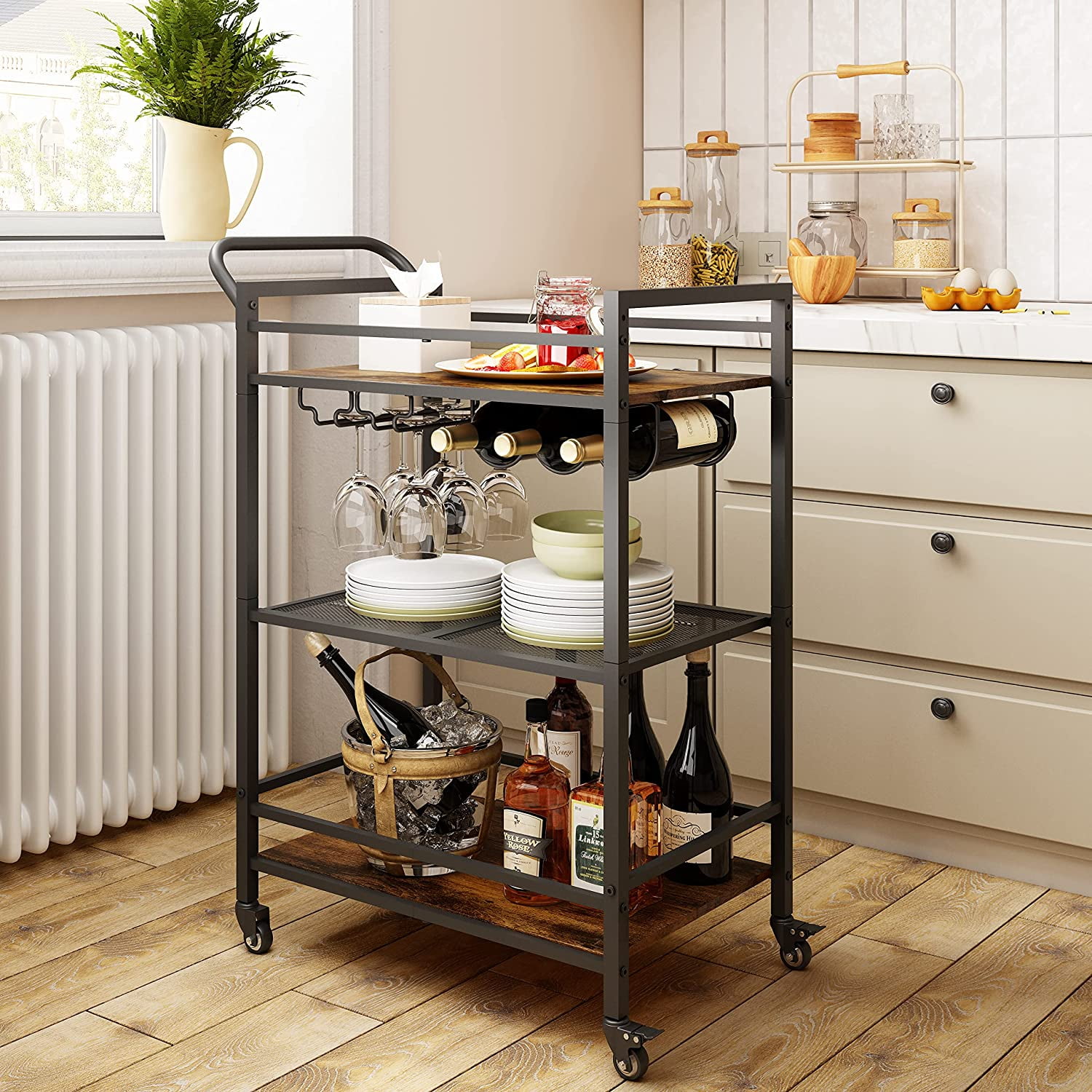 3Tier Bar Cart, Mobile Bar Serving Cart, Industrial Style Wine Cart for Kitchen, Beverage Cart