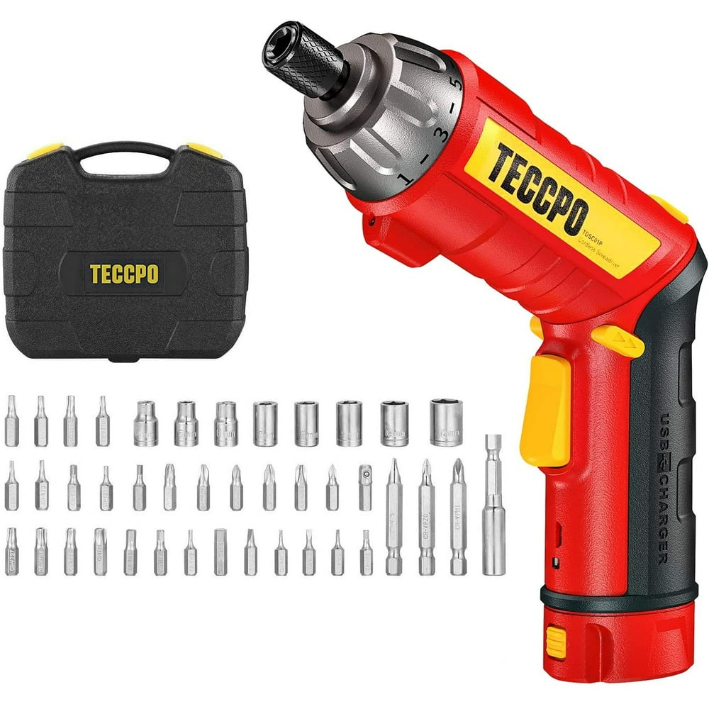 Cordless Screwdriver, TECCPO 4V 2000mAh Liion, with 45 pcs Accessories, 9+1 Torque Gears