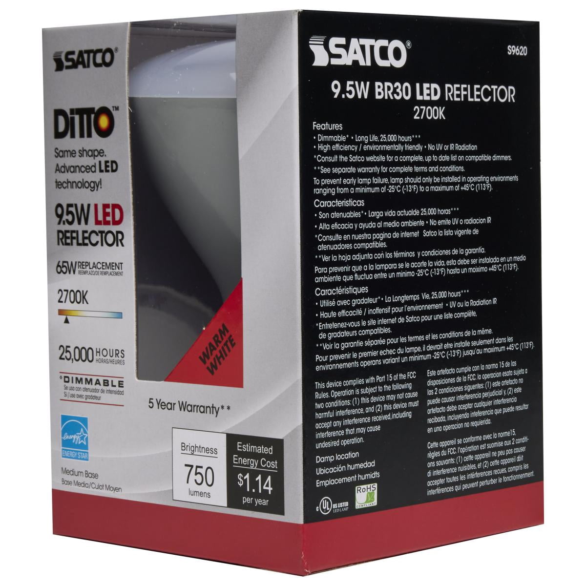 SATCO S9620 9.5 Watt 120 Volt BR30 Reflector LED Bulb 2700K Warm White Dimmable (6 LED Light Bulbs)