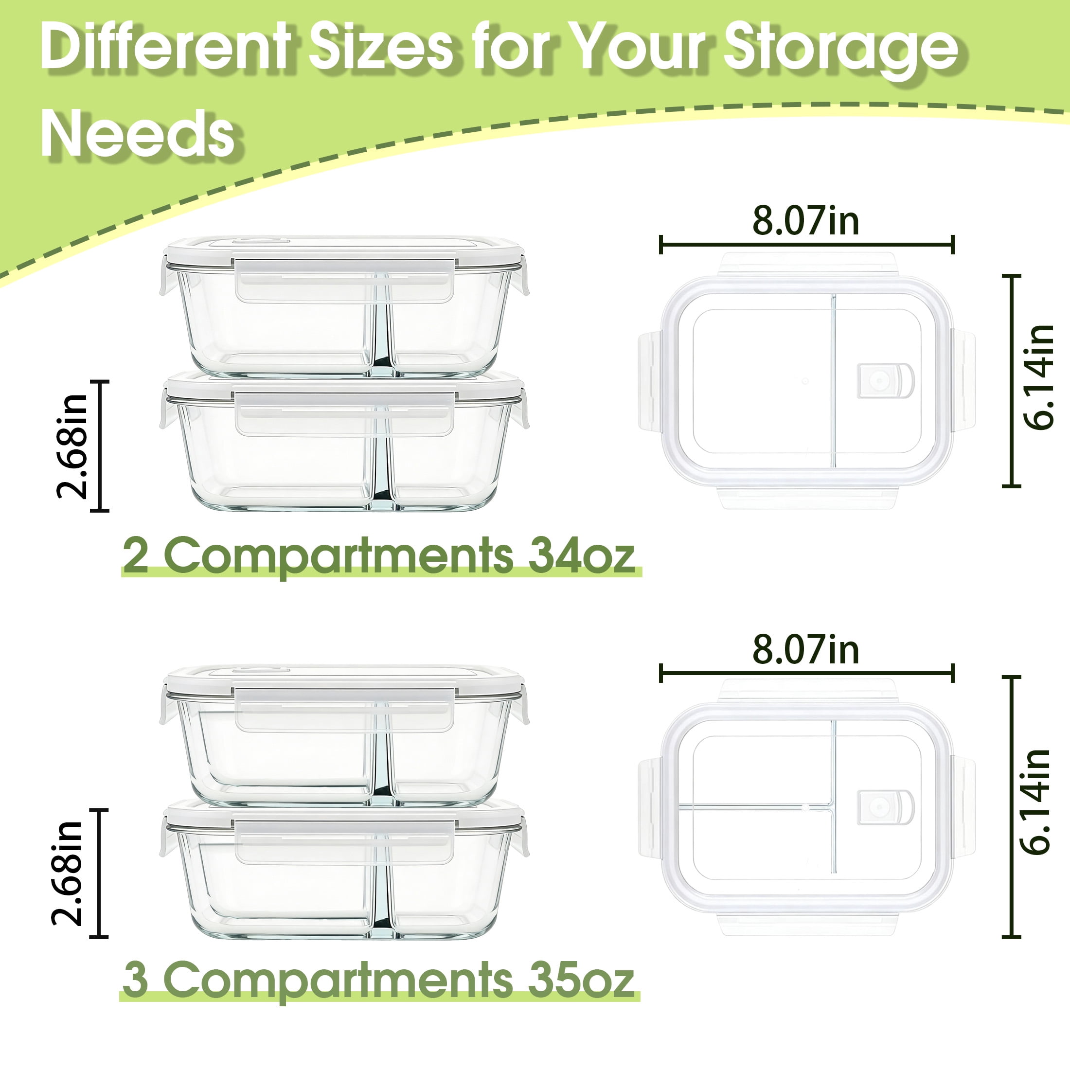 GARITIN 4 Pack Glass Food Storage Containers with Dividers, 8-Piece Meal Prep Containers with Lids, Leak-Proof Bento Lunch Boxes, Microwave, Oven, Dishwasher & Freezer Safe, Glass Tupperware